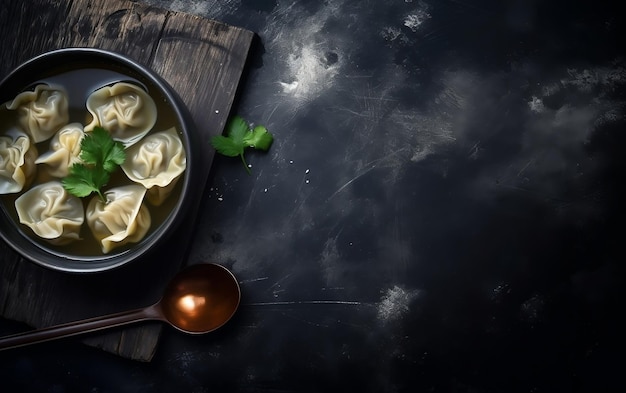 Una ciotola di zuppa di wonton con un cucchiaio su uno sfondo nero