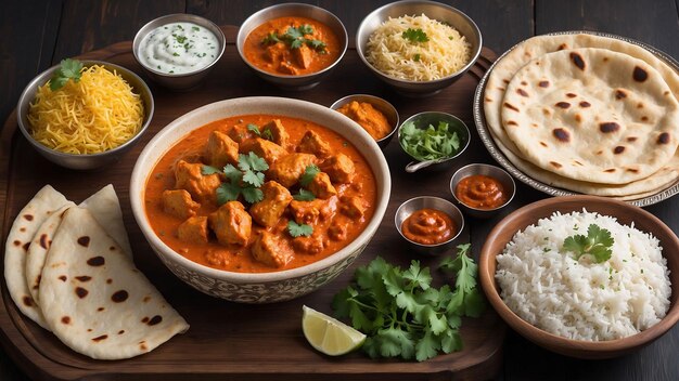 Una ciotola fumosa di Chicken Tikka Masala è posta sopra un tavolo di legno scuro circondato da una matrice o