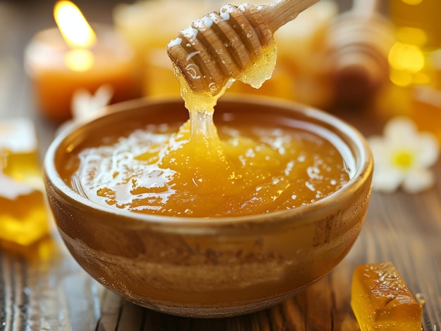 Una ciotola gialla piena di miele dolce pronta per essere immerse