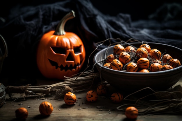 una ciotola piena di caramelle di Halloween su un tavolo