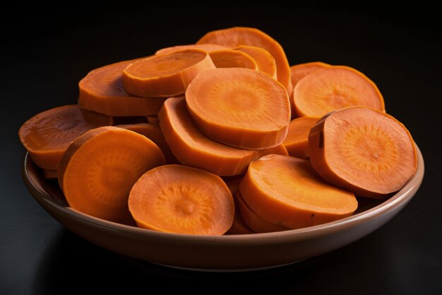 Una ciotola piena di carote affettate su un tavolo AI generativo