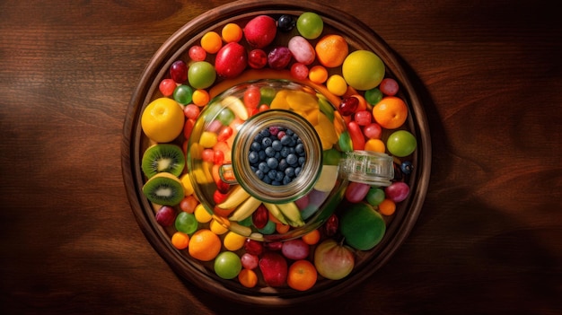 Una ciotola piena di frutta assortita in cima a un'immagine generativa ai della tavola di legno
