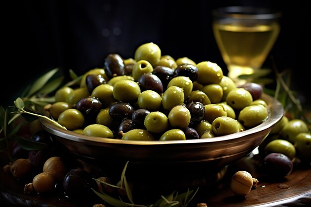 Una ciotola piena di olive verdi e nere accanto a rami d'olivo e un bicchiere di olio