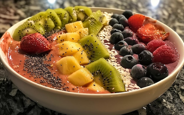 Una ciotola piena di vari frutti come mele, banane e uva