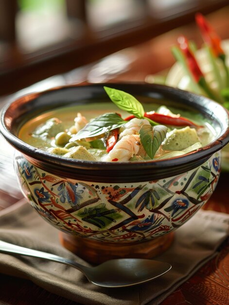 Una ciotola piena di zuppa di curry verde contenente verdure di gamberetti e guarnita con erbe fresche