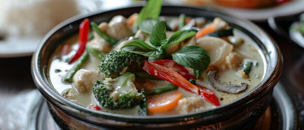 Una ciotola piena di zuppa di curry verde contenente verdure di gamberetti e guarnita con erbe fresche