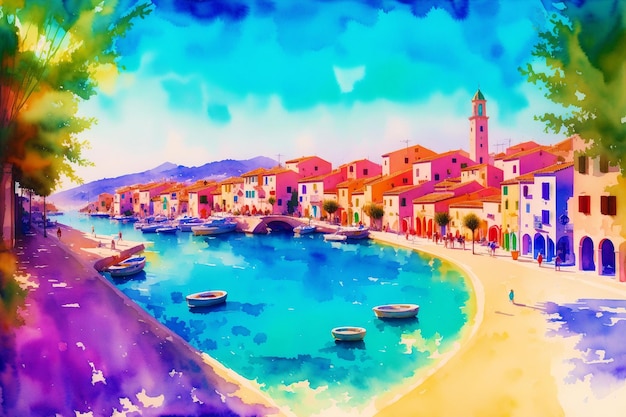 Una città ad acquerelloParadiso mediterraneo Dipinto ad acquerello di un'affascinante città greca Generative AI