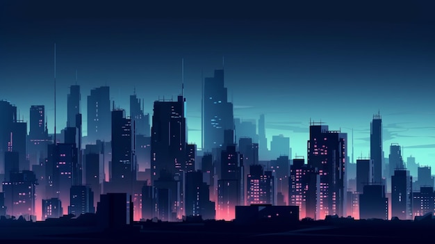 Una città buia e notturna con una luce al neon.