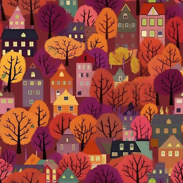 una città colorata con alberi e case sullo sfondo