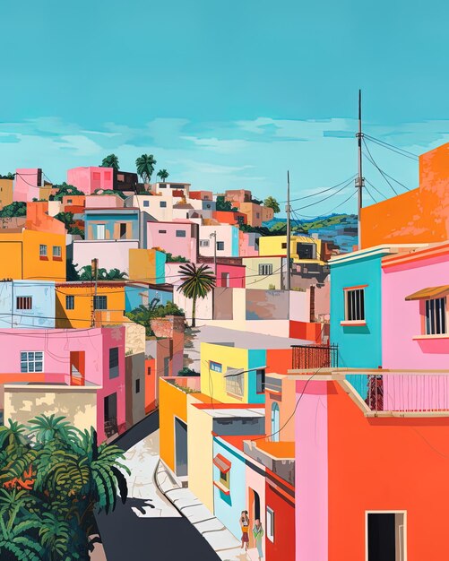 una città colorata con una palma e case