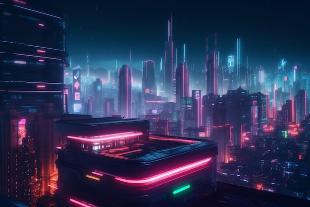 Una città con luci al neon e un edificio con una grande finestra che dice "cyberpunk"