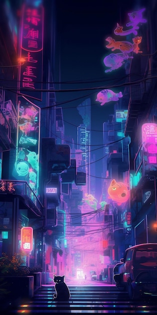 Una città con luci al neon e un'insegna che dice "cyberpunk"