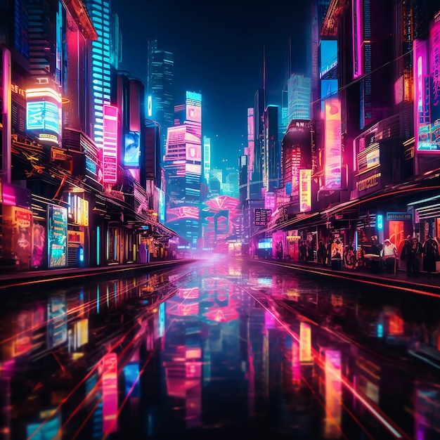 Una città con luci al neon e un'insegna che dice "cyberpunk"