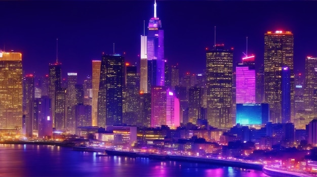 Una città con luci al neon e uno sfondo blu e viola