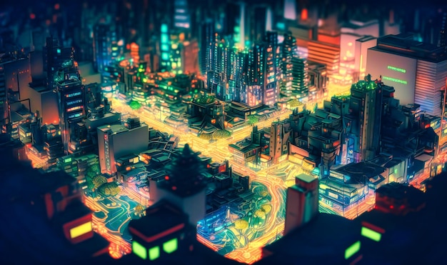Una città con luci al neon si librano su auto e robot della polizia