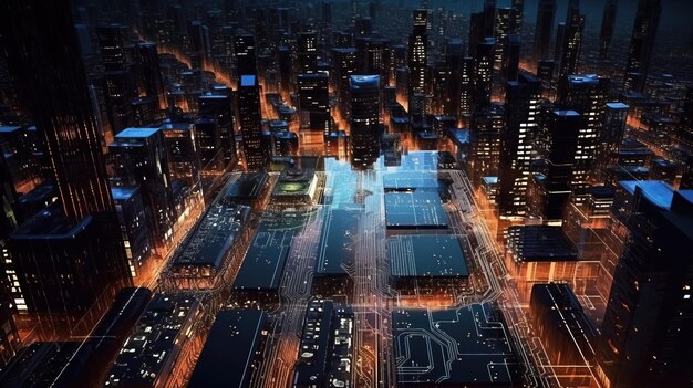 Una città con luci ed edifici Generative AI Art