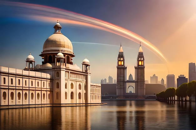 Una città con un arcobaleno nel cielo