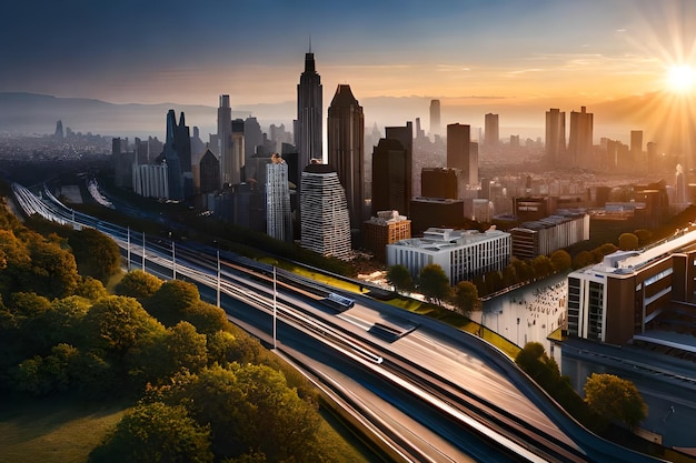 Una città con un'autostrada e un ponte con un ponte in primo piano