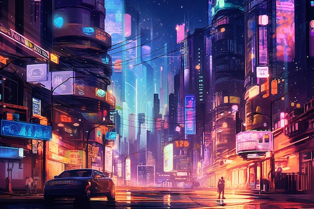 Una città con un cartello che dice cyberpunk.