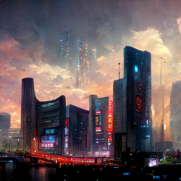 Una città con un cartello che dice "cyberpunk".