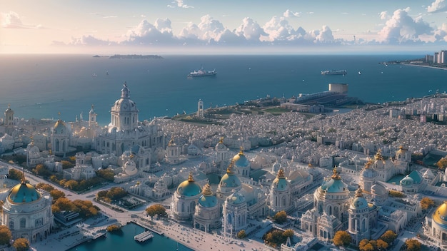 Una città con un cielo azzurro e nuvole