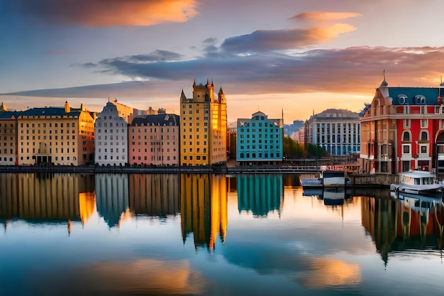 una città con un fiume e un tramonto sullo sfondo