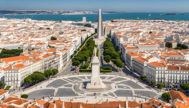 una città con un grande corpo d'acqua e una statua al centro