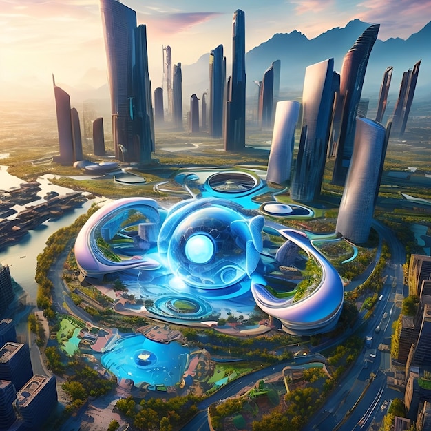 Una città con un grande edificio e un grande cerchio blu che dice "città dei sogni"