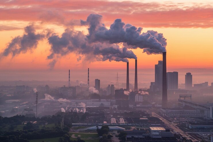 una città con un grande edificio sullo sfondo e una pila di fumo in primo piano