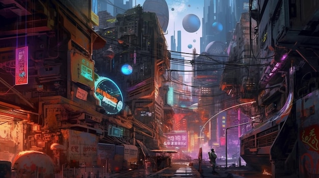 Una città con un'insegna al neon che dice "cyberpunk".