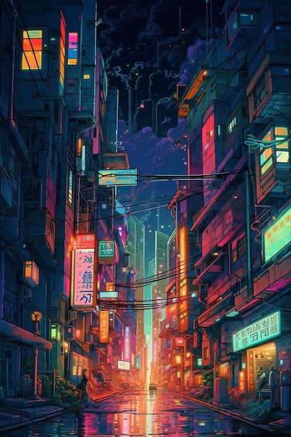 Una città con un'insegna al neon che dice "cyberpunk".