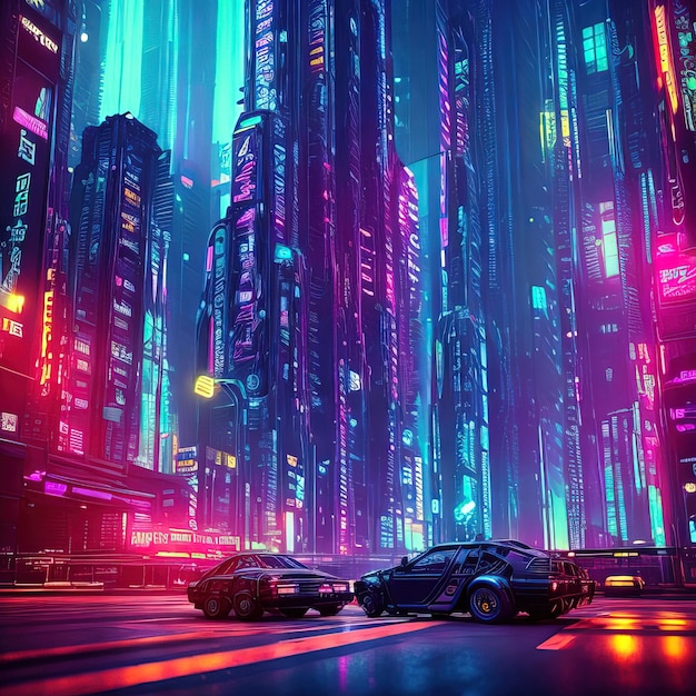 Una città con un'insegna al neon che dice "cyberpunk".