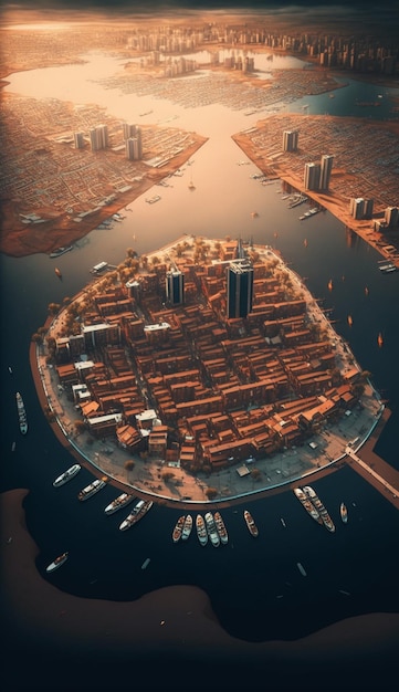 Una città con una grande città sul fondo