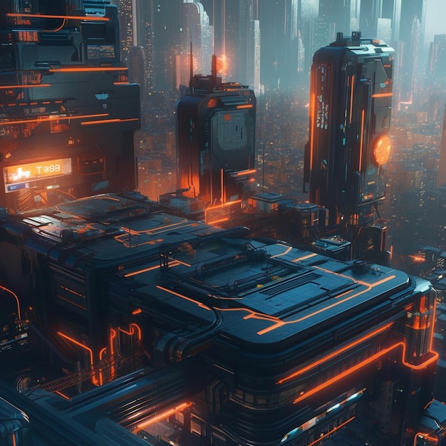 Una città con una luce blu che dice "cyberpunk".