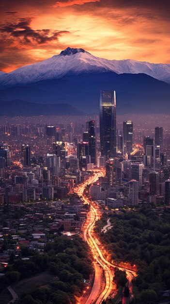 una città con una strada e una montagna sullo sfondo