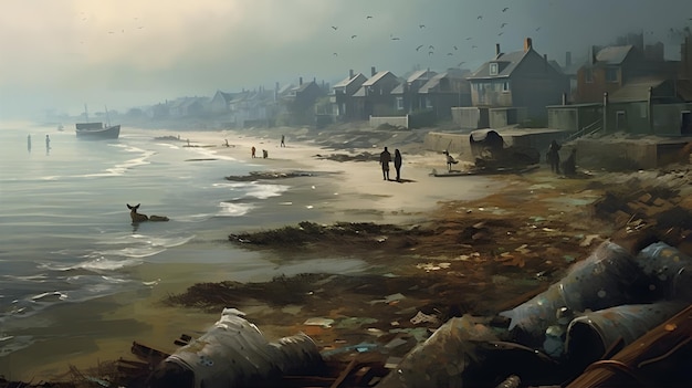 Una città costiera avvolta in un denso smog con fuoriuscite di petrolio che inquinano l'oceano e rifiuti sparsi sulla spiaggia