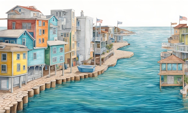 una città costiera con livelli d'acqua che si insinuano in uno schizzo a matita colorata