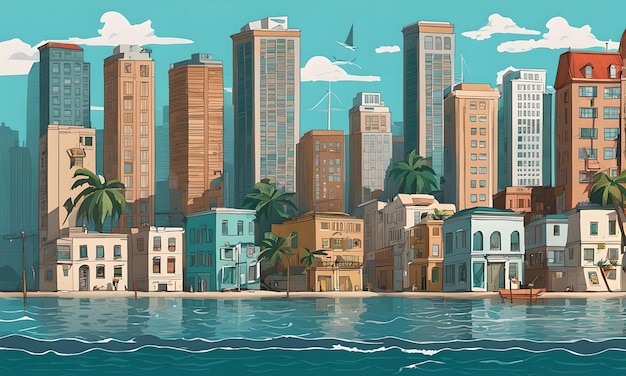 una città costiera con livelli d'acqua che si insinuano nel design dell'arte digitale