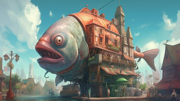 Una città costruita sul dorso di un pesce gigante Fantasy concept Illustrazione pittura Generative AI