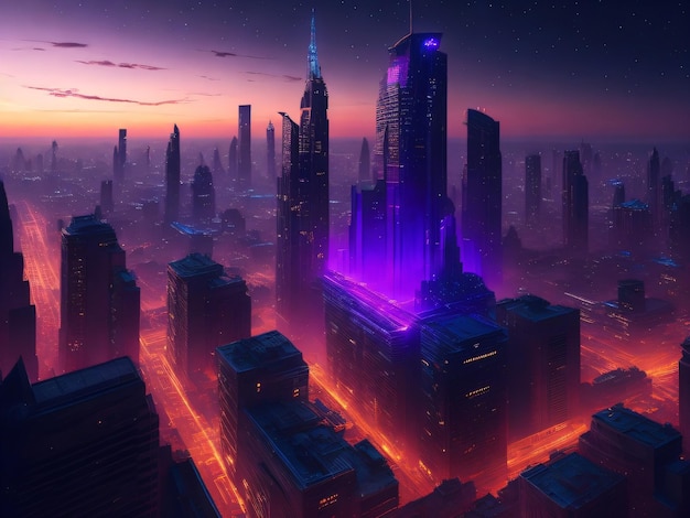 Una città cyberpunk futuristica del metaverso con luci viola e arancioni su di essa