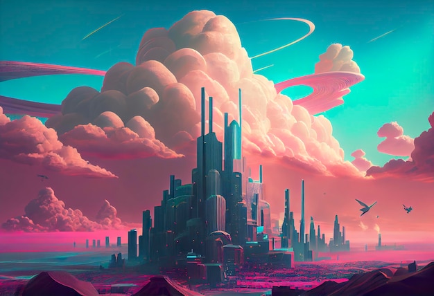 Una città del cielo futuristico surreale iperrealista tra le nuvole in tonalità rosa e turchese generat ai