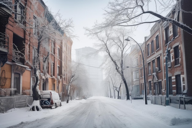 Una città deserta dopo una tempesta con strade coperte di neve e ghiaccio