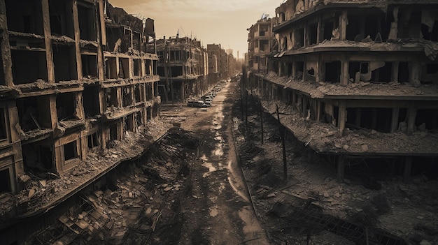 Una città è circondata da rovine e dalla parola guerra