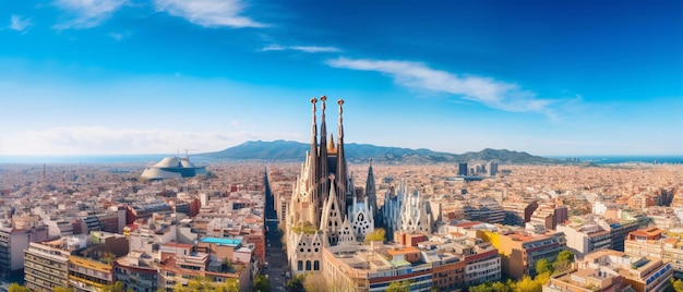 una città è mostrata con un cielo blu e una città sullo sfondo