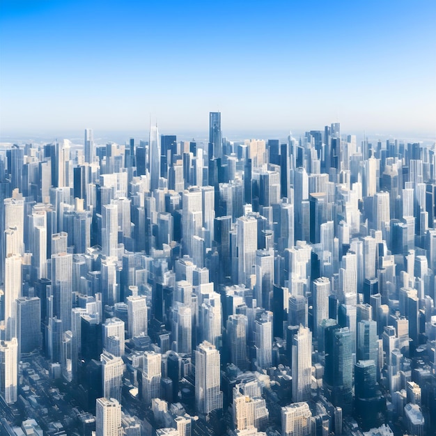 Una città è mostrata dall'alto con un cielo blu e la città sottostante.