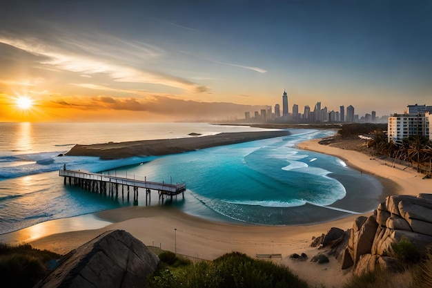 Una città è una bella spiaggia con vista sullo skyline della città.