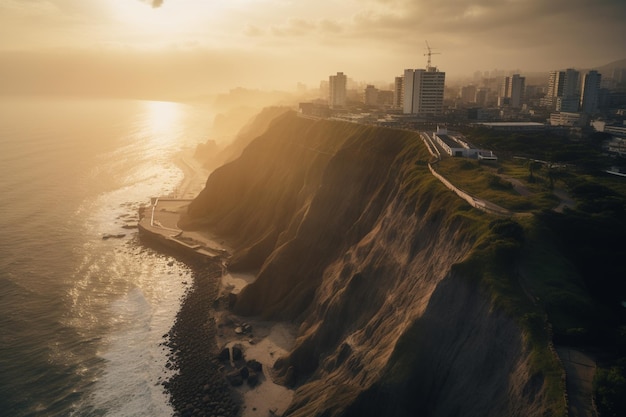 Una città è visibile all'orizzonte al tramonto.