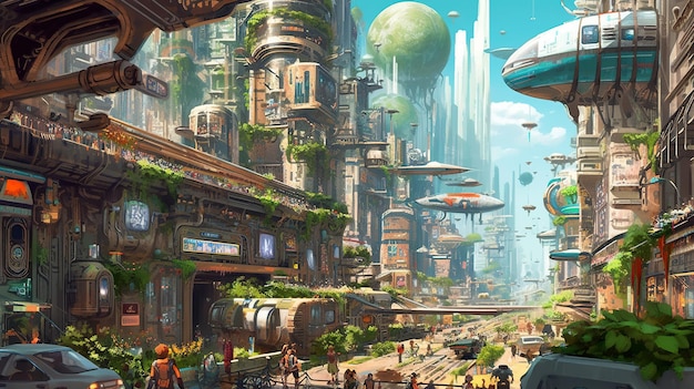 Una città fantascientifica con macchine volanti e architettura aliena Concetto fantasy Pittura illustrativa IA generativa