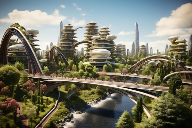 Una città futuristica circondata da alberi e da un fiume AI