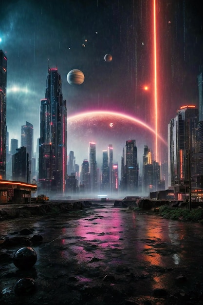 Una città futuristica di notte con molte luci